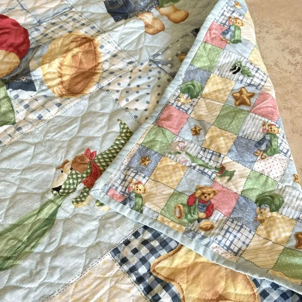Baby Nursery Crib Quilt Blue Jean Teddy Bear Quilt REVERSIBLE Daisy Kingdom Vtg